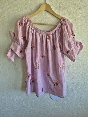 Rods Pink White Striped Floral Embroidered Off Shoulder Top Womens Size L